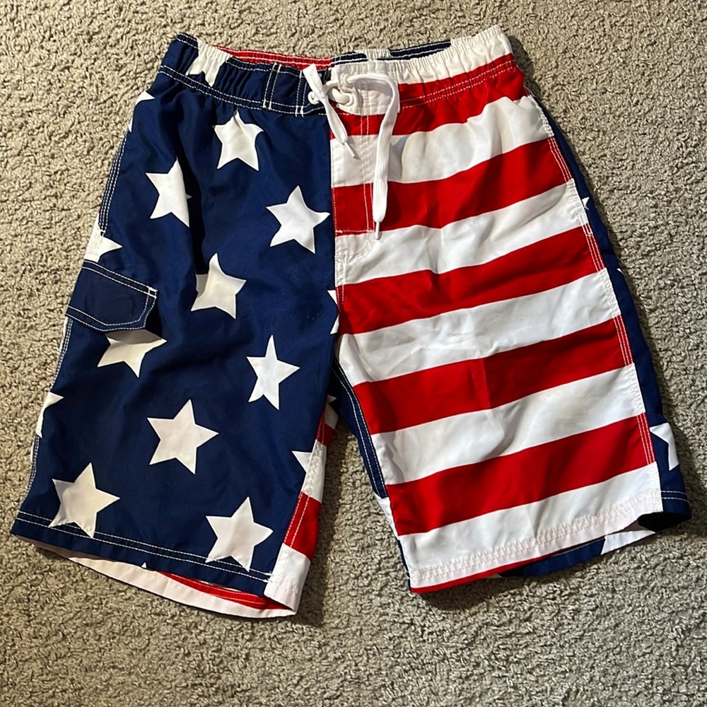 Men’s Red, White, and Blue swim trunks, size small
